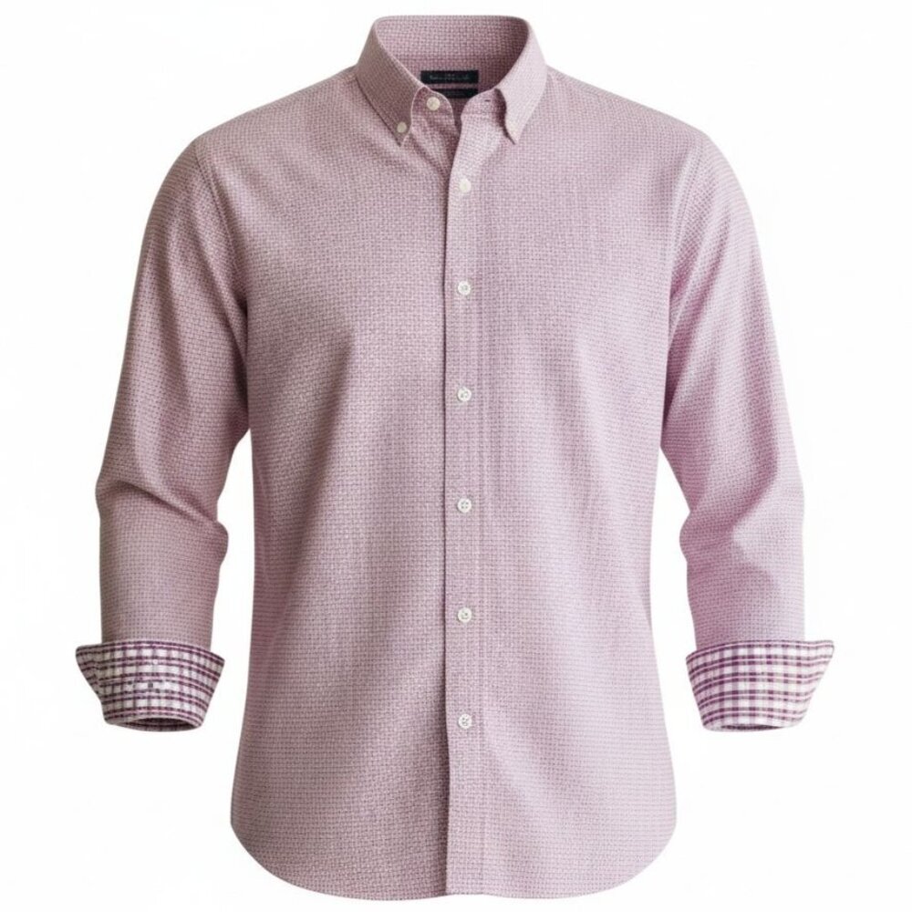Egara Mens XL Non-Iron Button Down Shirt Pink Micro Check Long Sleeve Flip Cuff